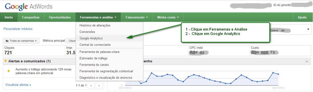 Passo 1 de como vincular Adwords e Google Analytics